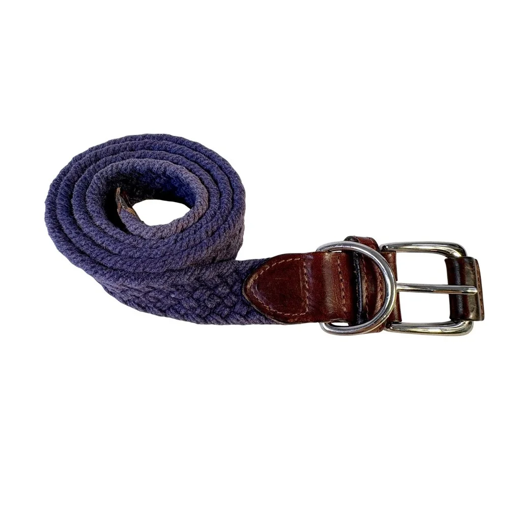 Vtg Braided Woven Belt Mens Blue Brown Leather Trim Made in USA
